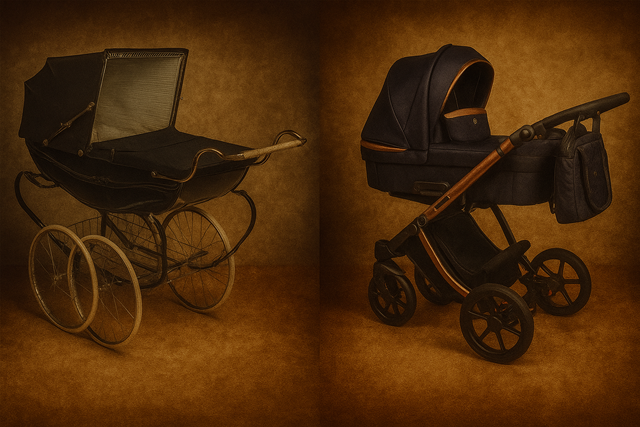 Porównanie: historyczny wózek dziecięcy (duża gondola, duże szprychowe koła) vs. nowoczesny wózek wielofunkcyjny (ergonomiczny stelaż).